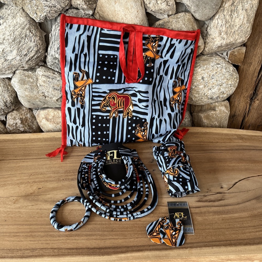 Matching African Necklace, Earrings, Hat/cap, Bracelet Bangle, Bag Elephant‎ Set
